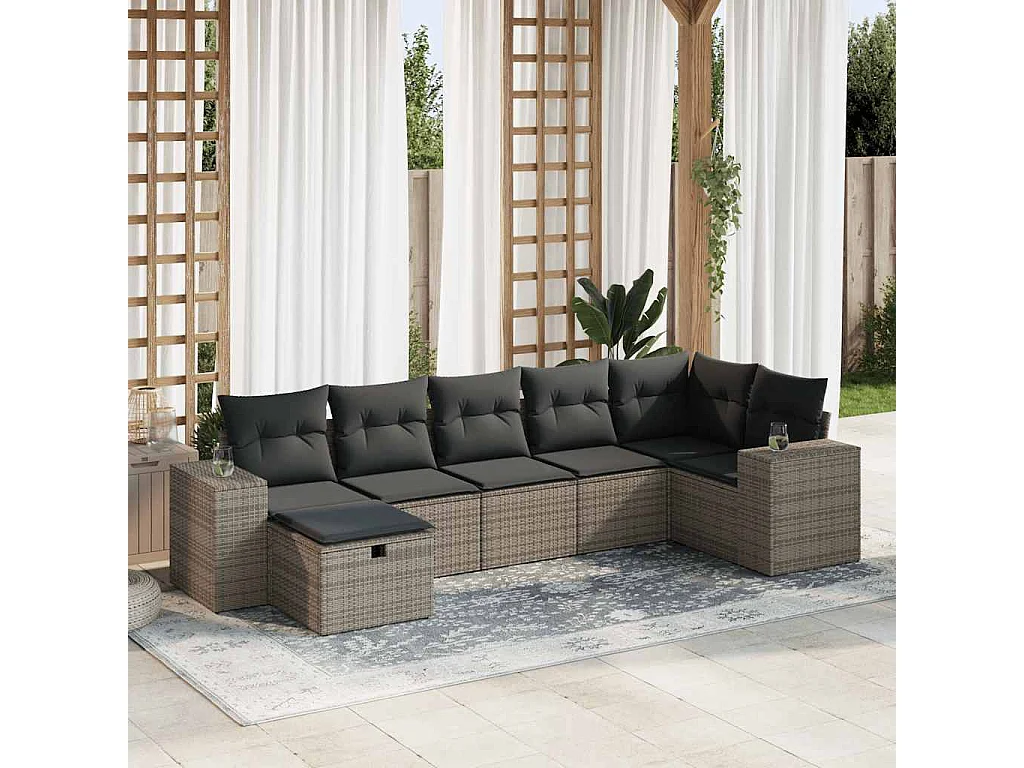 Salon de jardin avec coussins 7 pcs gris résine tressée