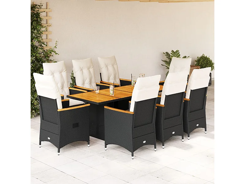 Set da Pranzo da Giardino 9 pz con Cuscini Nero in Polyrattan