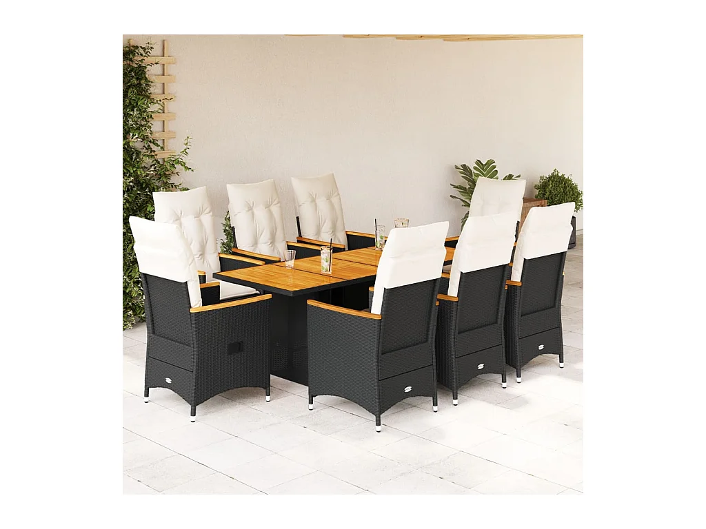 Set de comedor de jardín 9 pzas y cojines ratán sintético negro