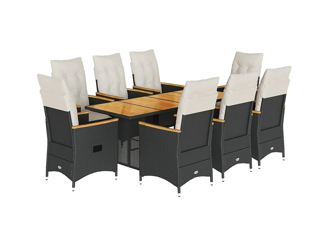 Set de comedor de jardín 9 pzas y cojines ratán sintético negro