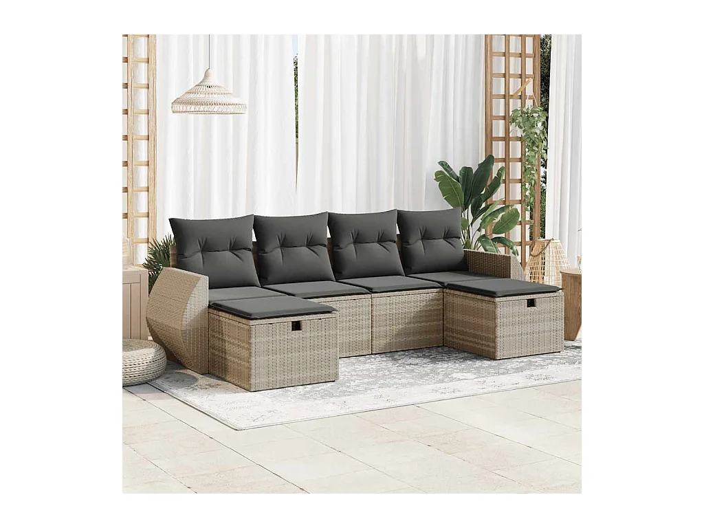 Salon de jardin 6 pcs avec coussins gris clair résine tressée