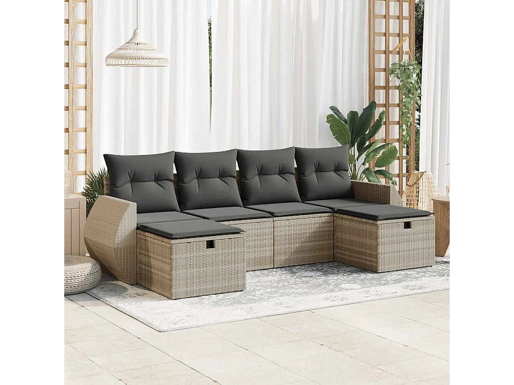 6-tlg. Garten-Sofagarnitur mit Kissen Hellgrau Poly Rattan