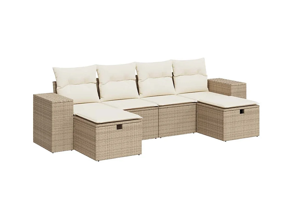 6-tlg. Garten-Sofagarnitur mit Kissen Beige Poly Rattan