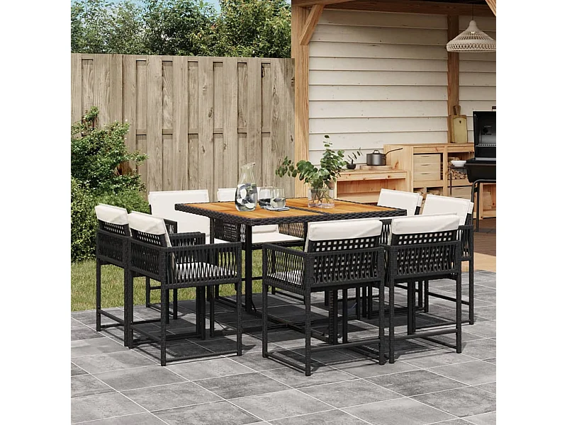 9-tlg. Garten-Essgruppe mit Kissen Schwarz Poly Rattan