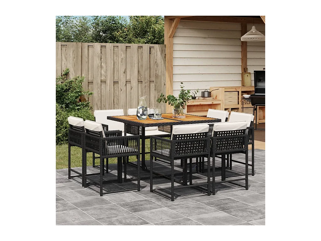 9-tlg. Garten-Essgruppe mit Kissen Schwarz Poly Rattan