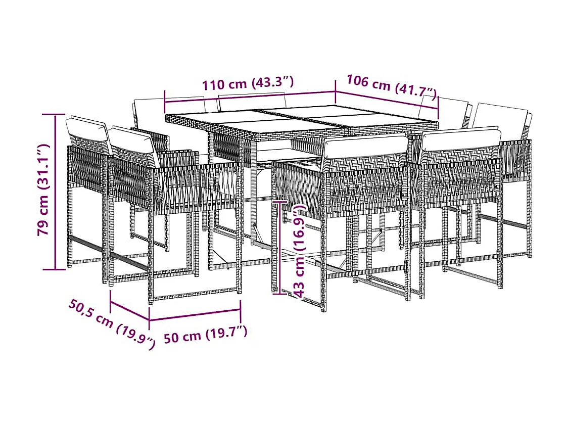Ensemble à manger de jardin 9pcs coussins noir résine tressée