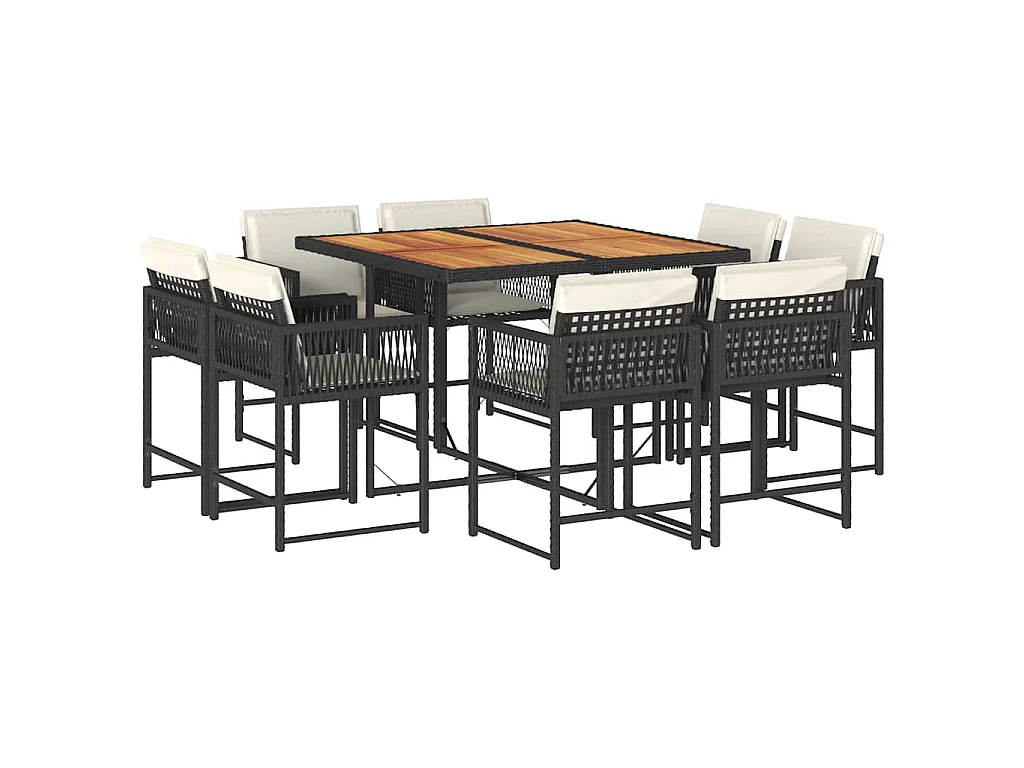 Set da Pranzo da Giardino 9 pz con Cuscini Nero in Polyrattan