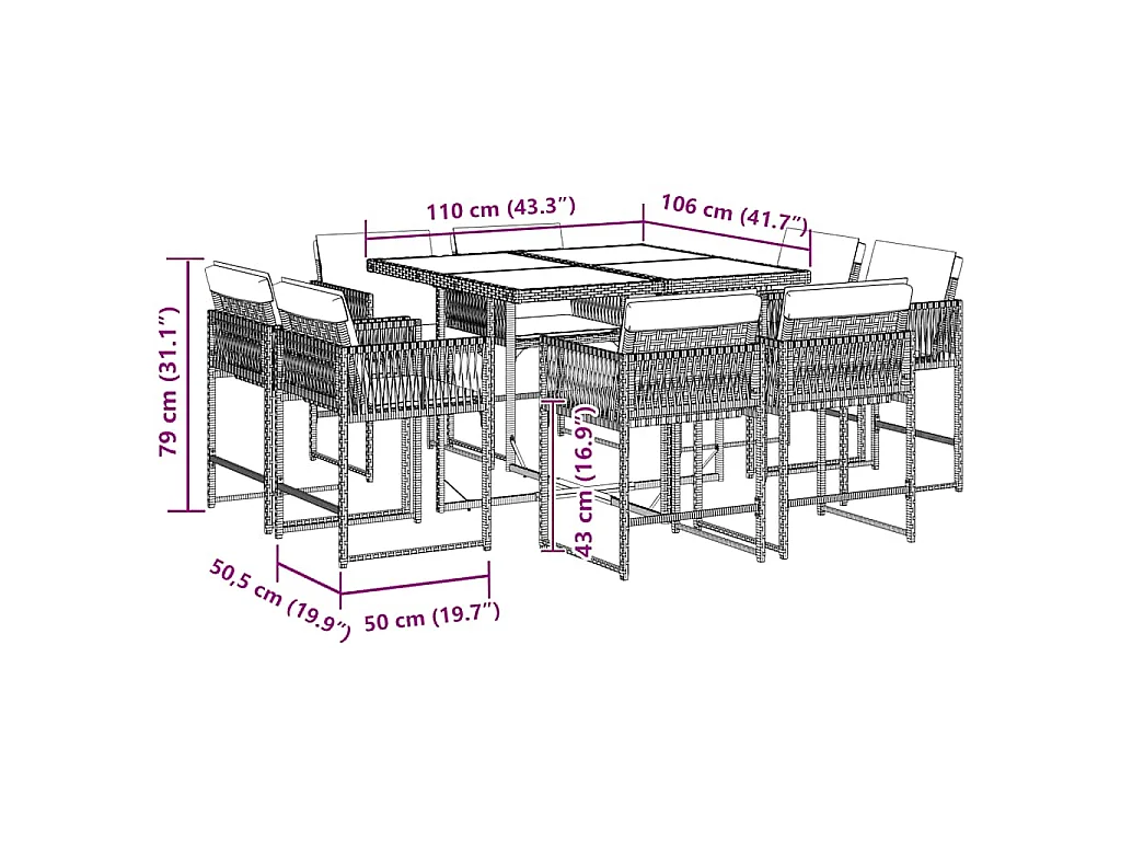 Set da Pranzo da Giardino 9 pz con Cuscini Nero in Polyrattan