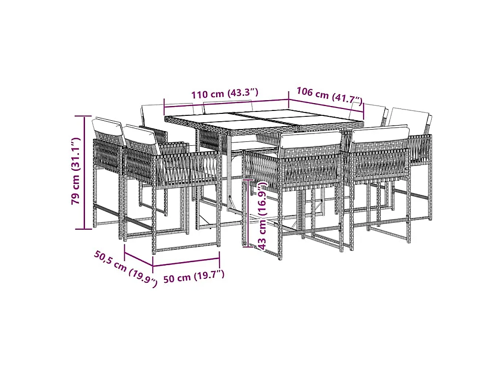 Set da Pranzo da Giardino 9 pz con Cuscini Nero in Polyrattan