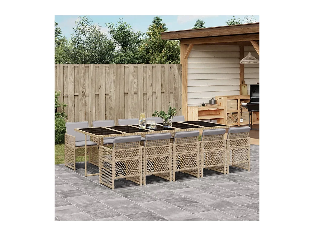 Ensemble à manger de jardin et coussins 11 pcs beige poly rotin