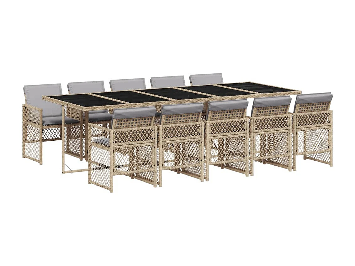 Ensemble à manger de jardin et coussins 11 pcs beige poly rotin