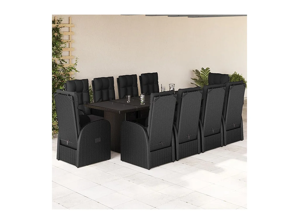 Ensemble à manger de jardin 11 pcs coussins noir résine tressée