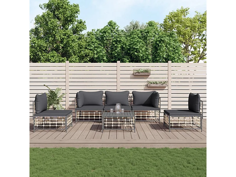 Salon de jardin 6 pcs avec coussins anthracite résine tressée