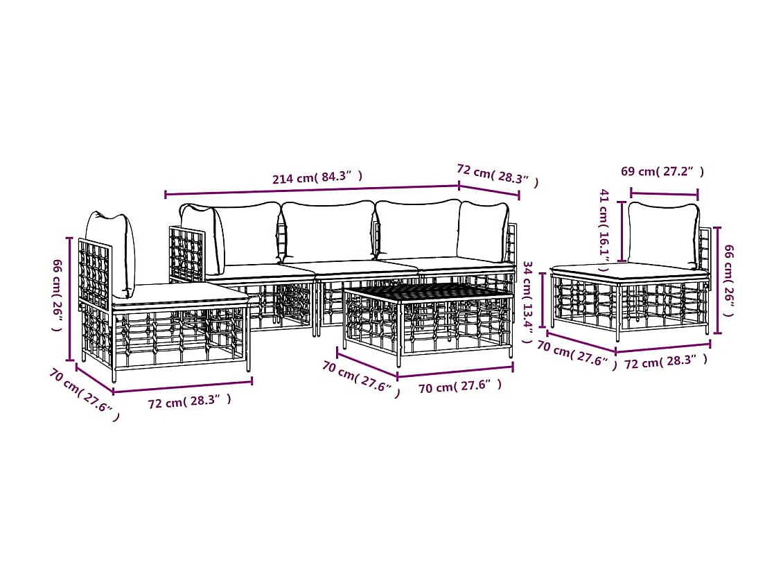 Set Divani da Giardino 6 pz con Cuscini Antracite in Polyrattan