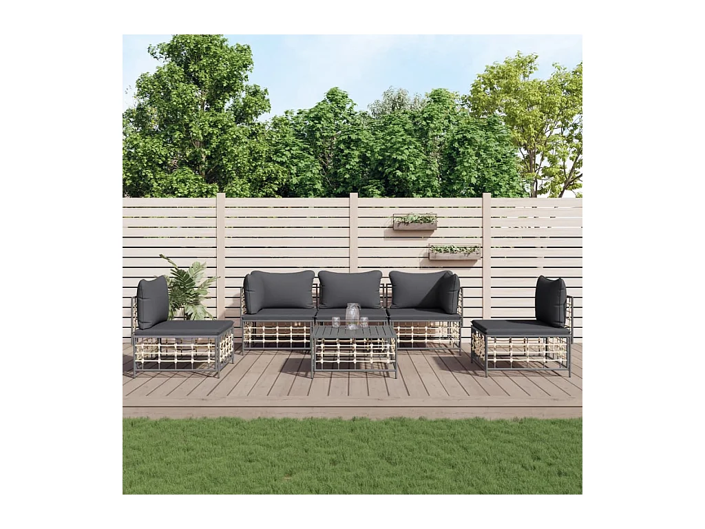 6-tlg. Garten-Lounge-Set mit Kissen Anthrazit Poly Rattan