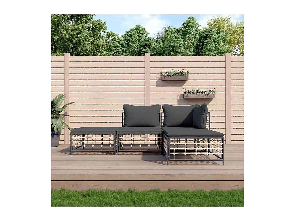 4-delige Loungeset met kussens poly rattan antracietkleurig