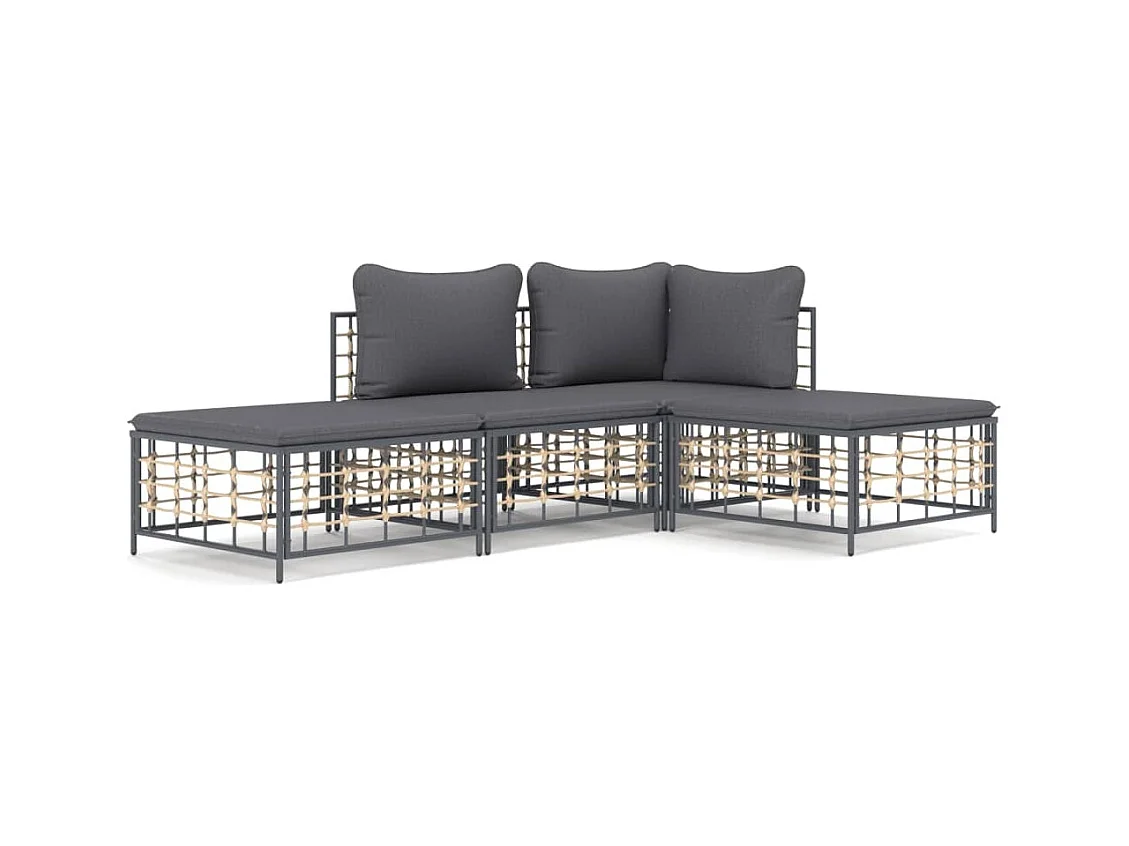4-delige Loungeset met kussens poly rattan antracietkleurig