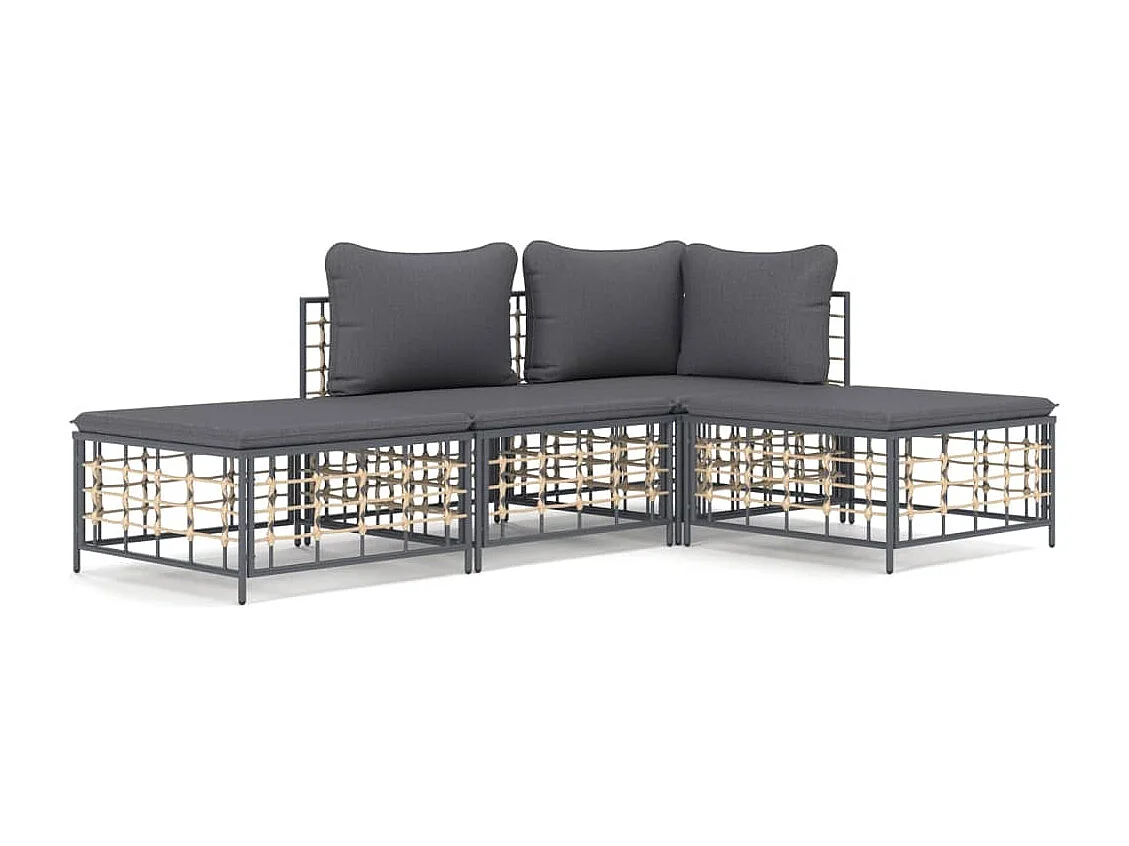 4-delige Loungeset met kussens poly rattan antracietkleurig