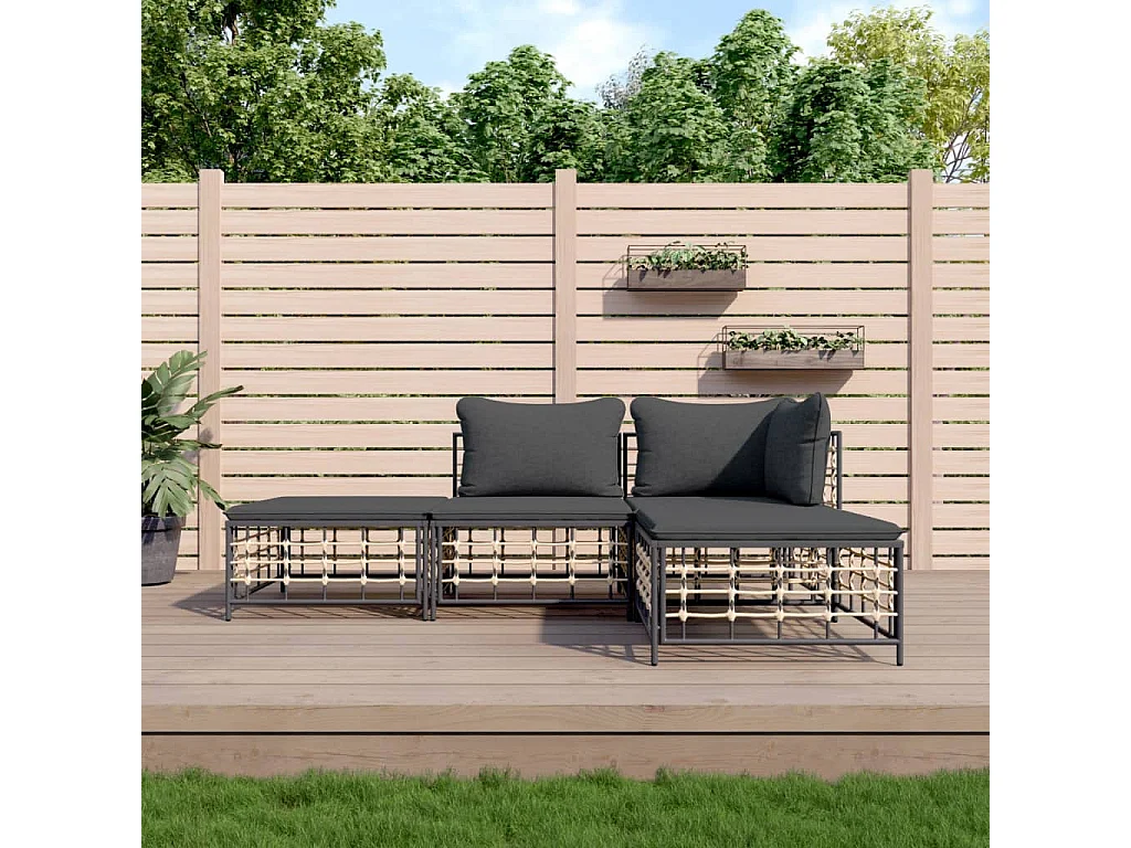 4-delige Loungeset met kussens poly rattan antracietkleurig