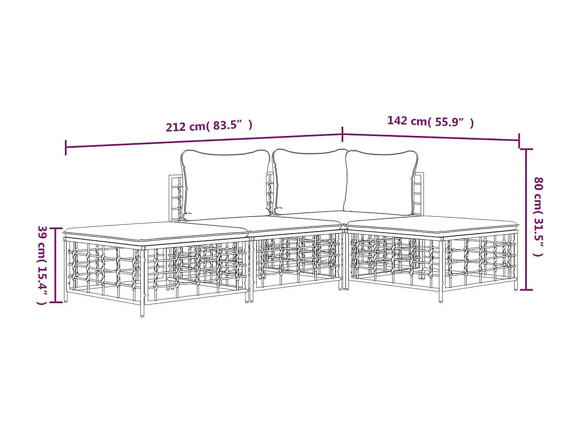 4-delige Loungeset met kussens poly rattan antracietkleurig