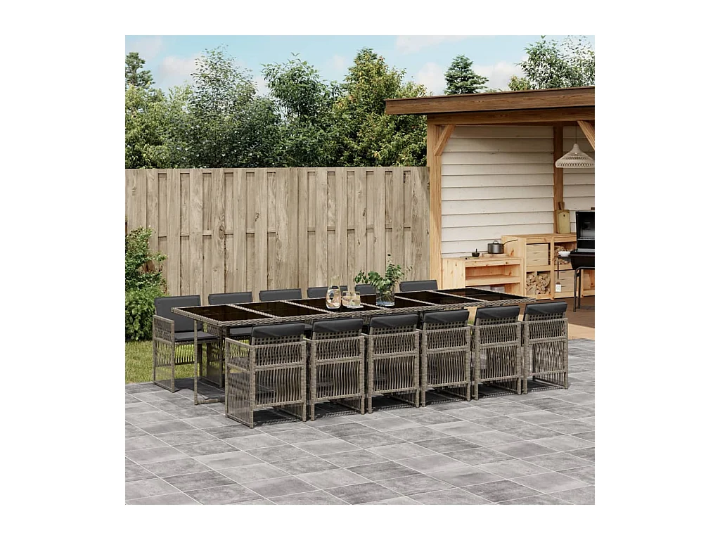 Ensemble à manger de jardin coussins 13 pcs gris résine tressée