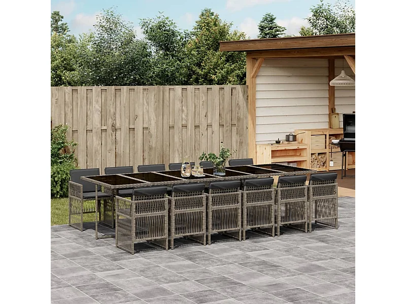 13-tlg. Garten-Essgruppe mit Kissen Grau Poly Rattan