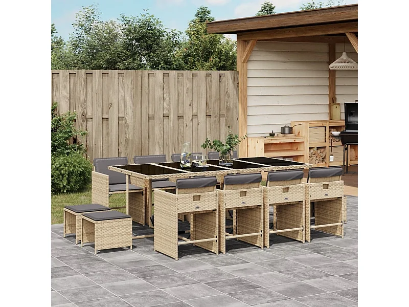 Ensemble à manger de jardin coussins 13 pcs mélange beige rotin