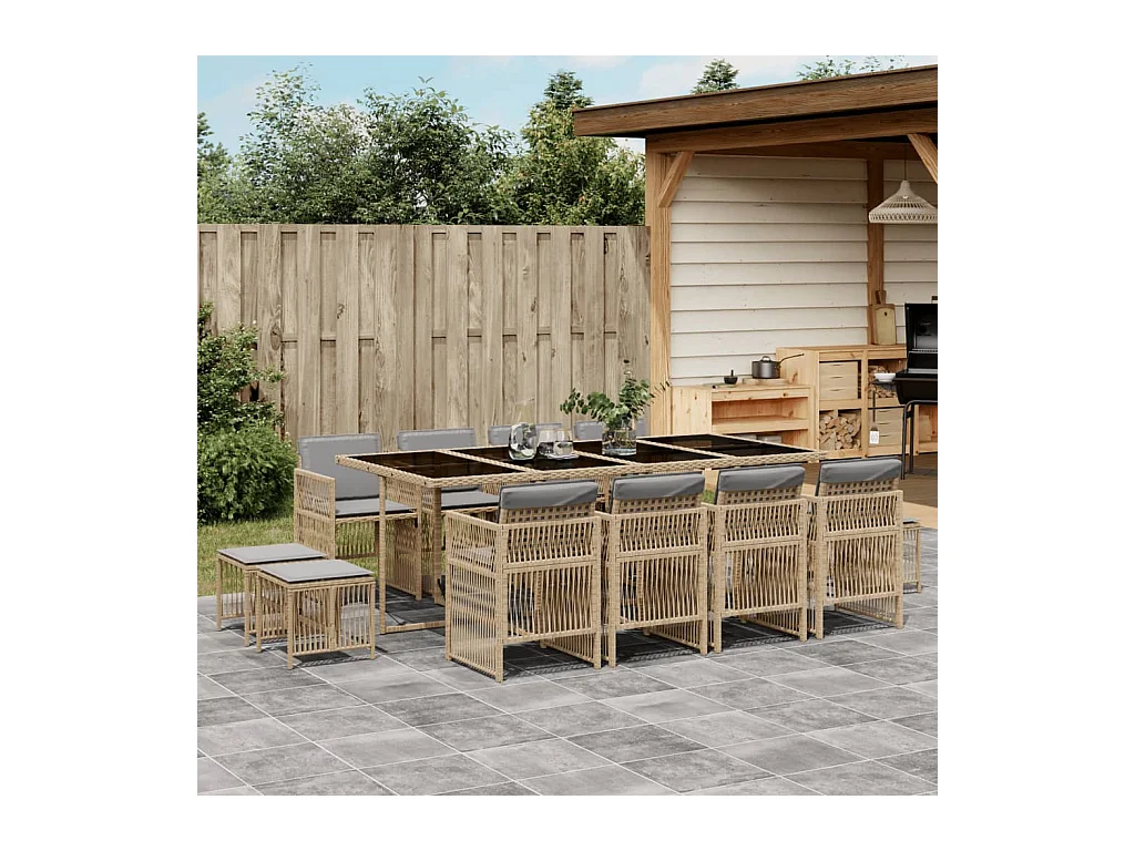 Ensemble à manger de jardin coussins 13 pcs mélange beige rotin