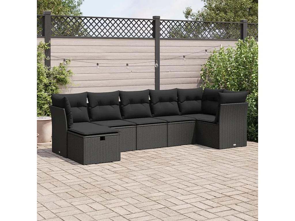 Salon de jardin 7 pcs avec coussins noir résine tressée