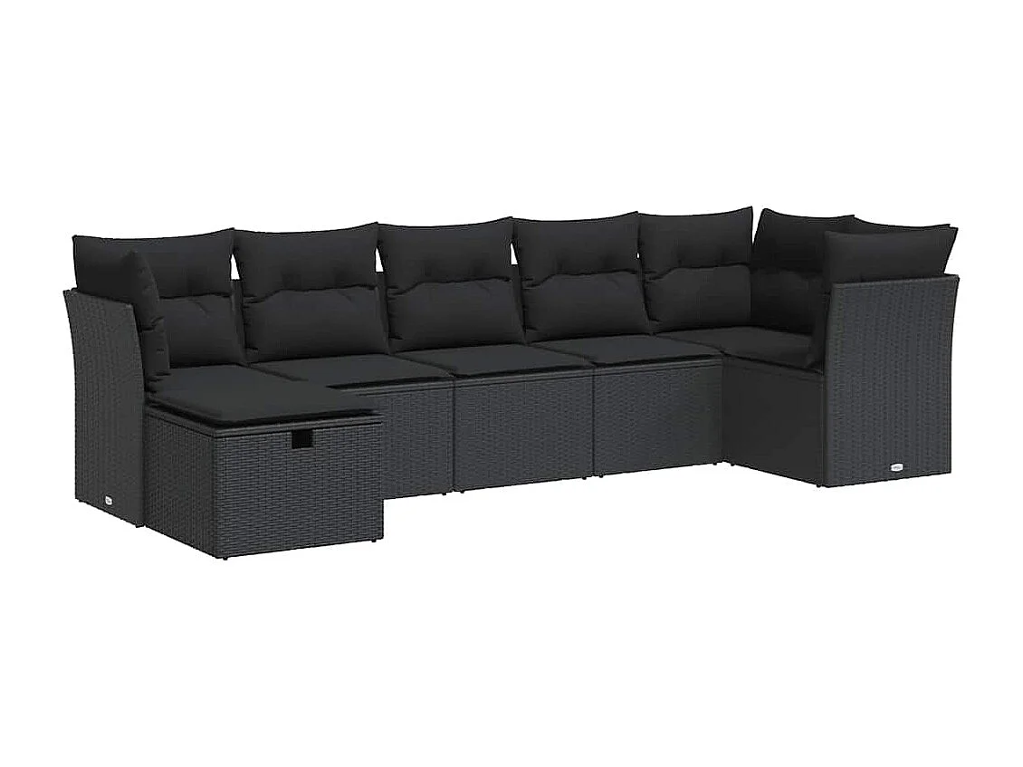 Salon de jardin 7 pcs avec coussins noir résine tressée