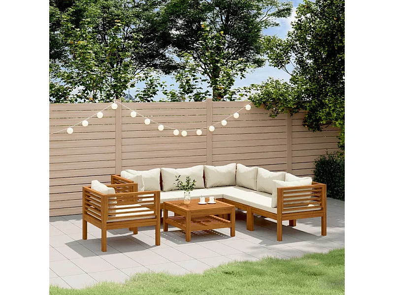 Set Divani da Giardino 7 pz con Cuscini Crema in Legno Acacia