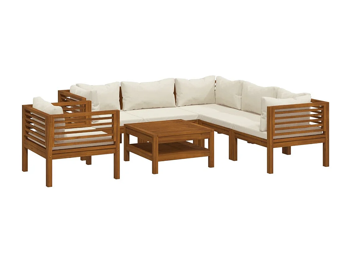 Salon de jardin 7 pcs avec coussin crème Bois d'acacia solide