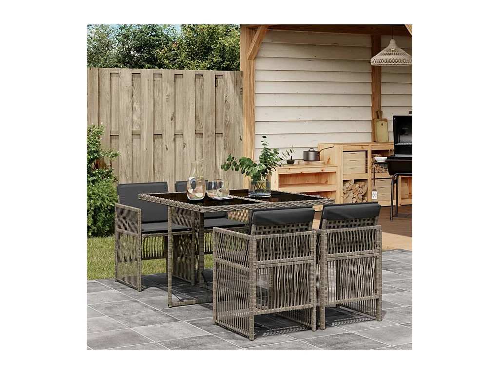 Set da Pranzo da Giardino 5 pz con Cuscini in Polyrattan Grigio