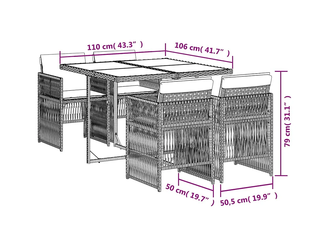 Set da Pranzo da Giardino 5 pz con Cuscini in Polyrattan Grigio