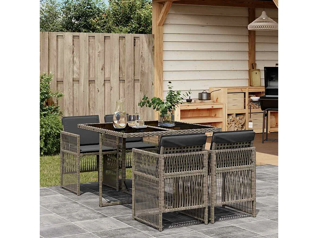 Ensemble à manger de jardin 5 pcs coussins gris résine tressée