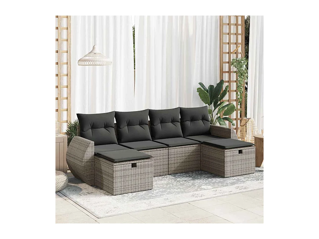 Salon de jardin 6 pcs avec coussins gris résine tressée
