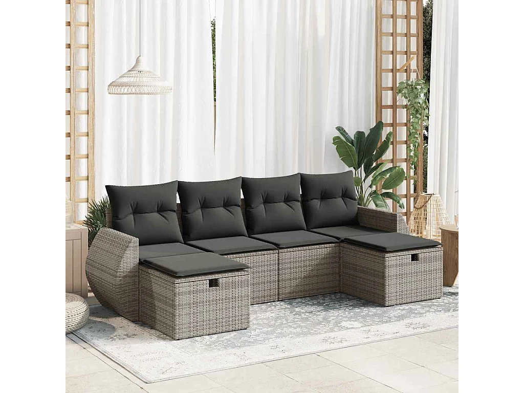 Salon de jardin 6 pcs avec coussins gris résine tressée