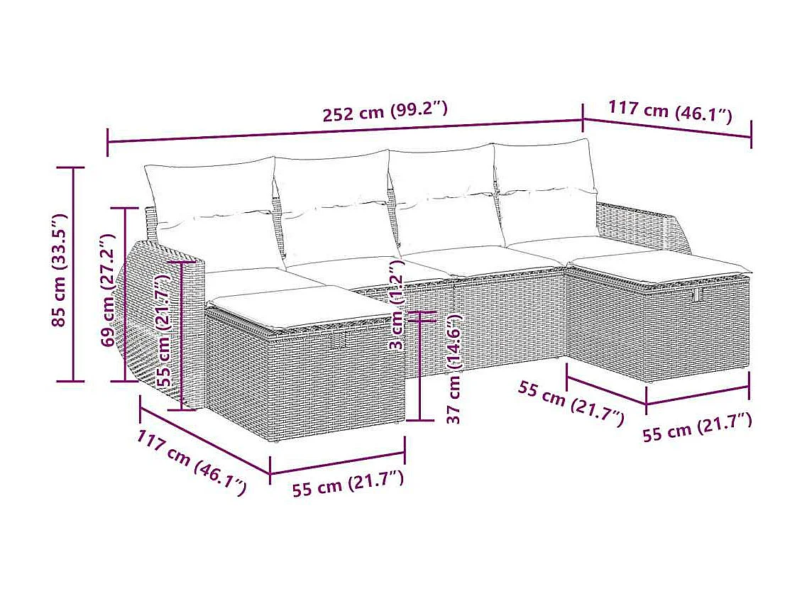 Salon de jardin 6 pcs avec coussins gris résine tressée