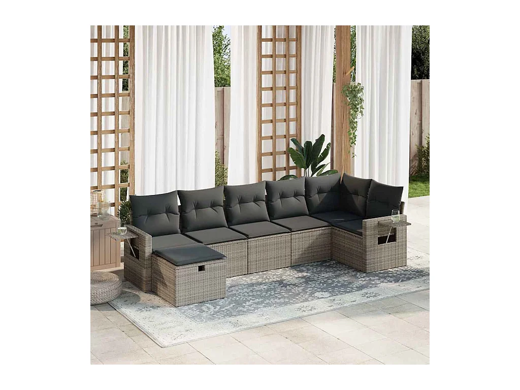 Salon de jardin avec coussins 7 pcs gris résine tressée