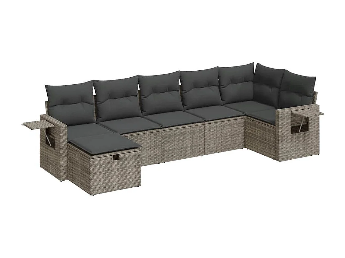 7 pcs conjunto sofás p/ jardim c/ almofadões vime PE cinzento