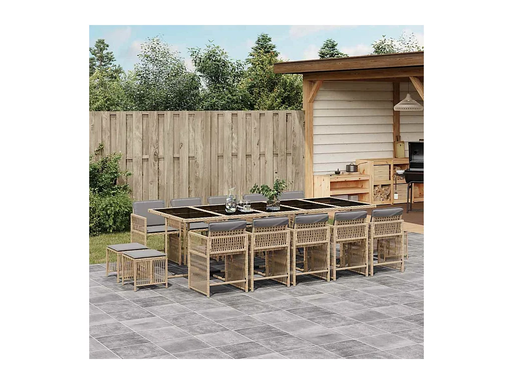 Ensemble à manger de jardin et coussins 15 pcs mélange beige