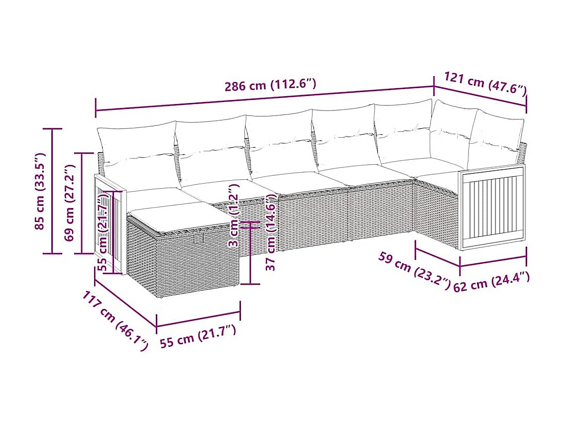 Salon de jardin avec coussins 7 pcs gris résine tressée
