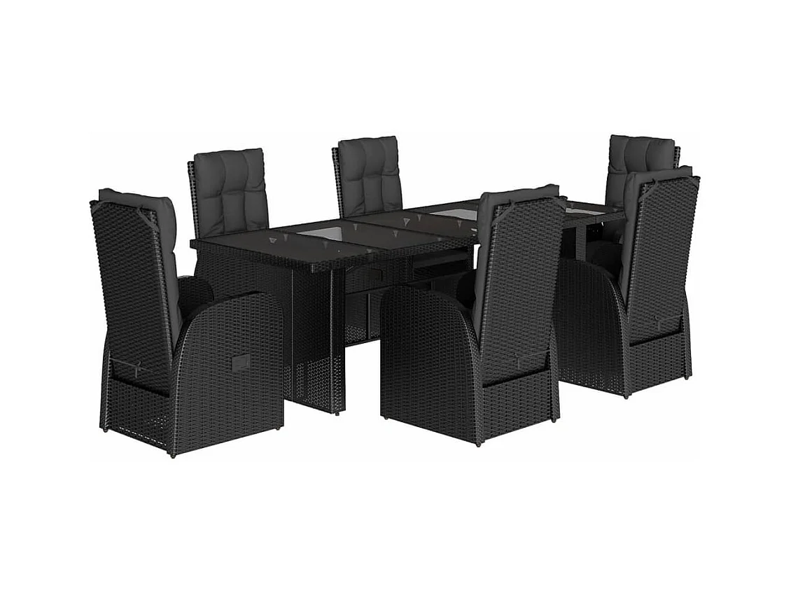 Ensemble à manger de jardin coussins 7 pcs noir résine tressée