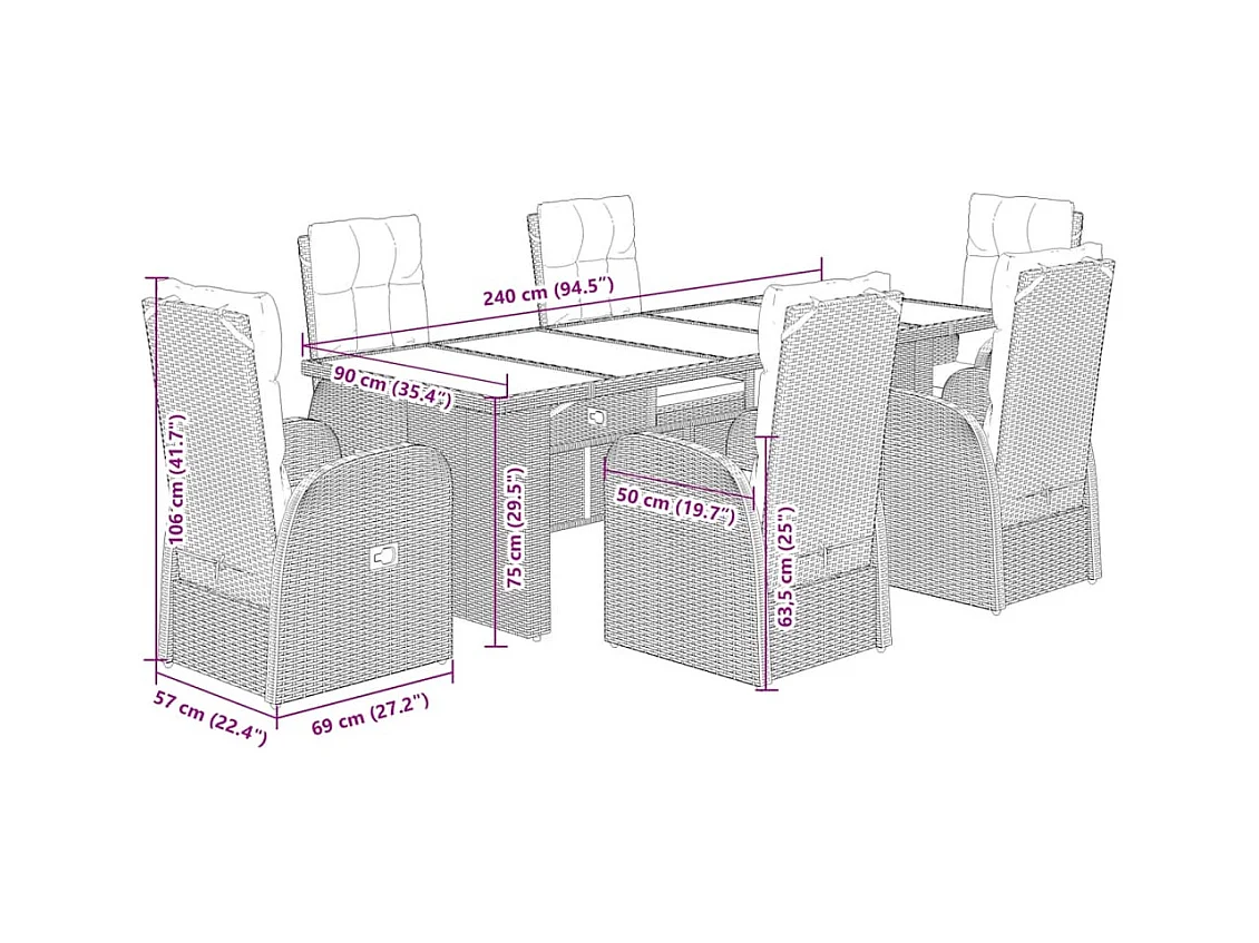 Ensemble à manger de jardin coussins 7 pcs noir résine tressée