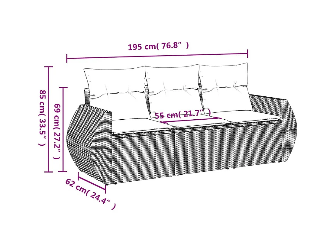 3-delige Loungeset met kussens poly rattan bruin