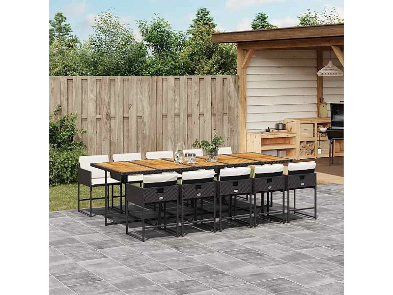 Ensemble à manger de jardin 11 pcs coussins noir résine tressée