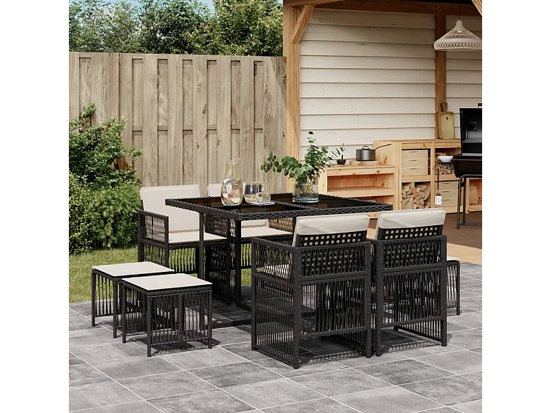 Ensemble à manger de jardin 9pcs coussins noir résine tressée