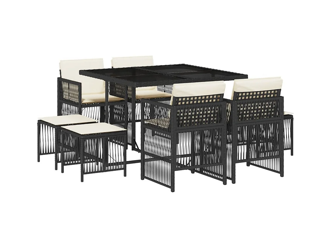 Ensemble à manger de jardin 9pcs coussins noir résine tressée