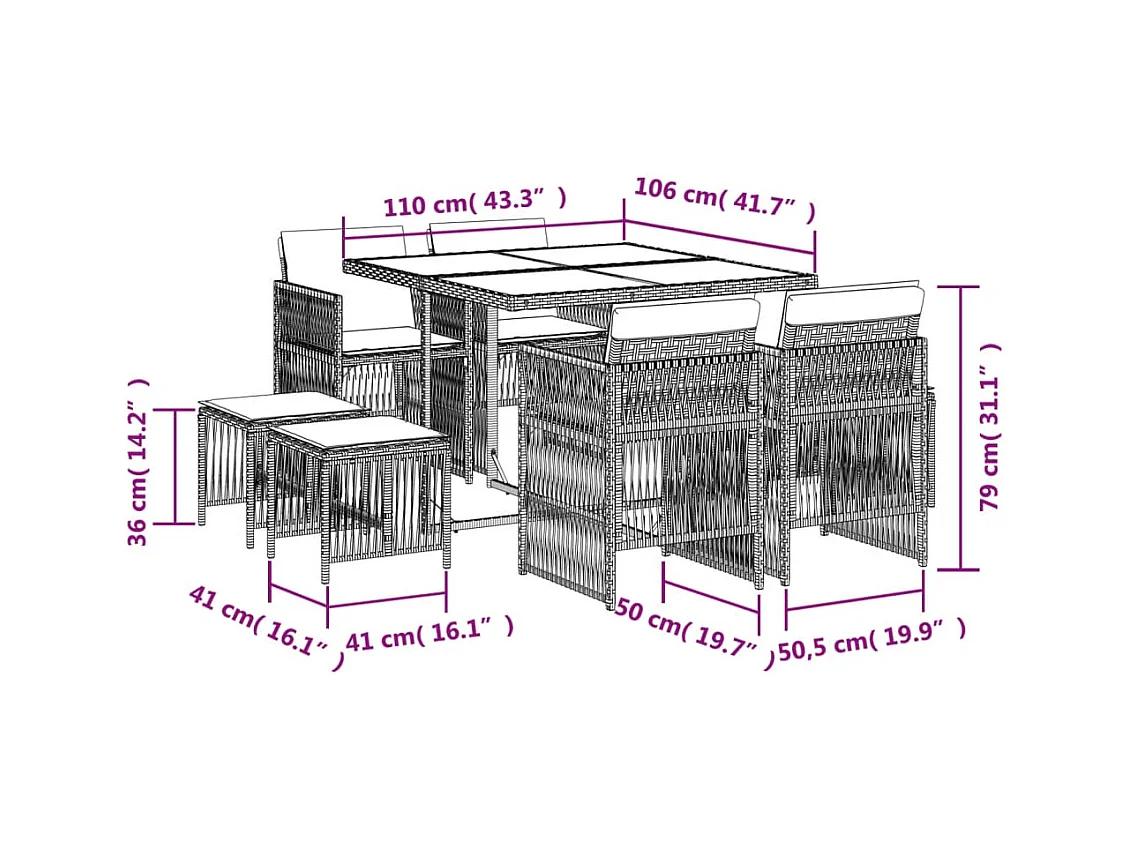 Ensemble à manger de jardin 9pcs coussins noir résine tressée
