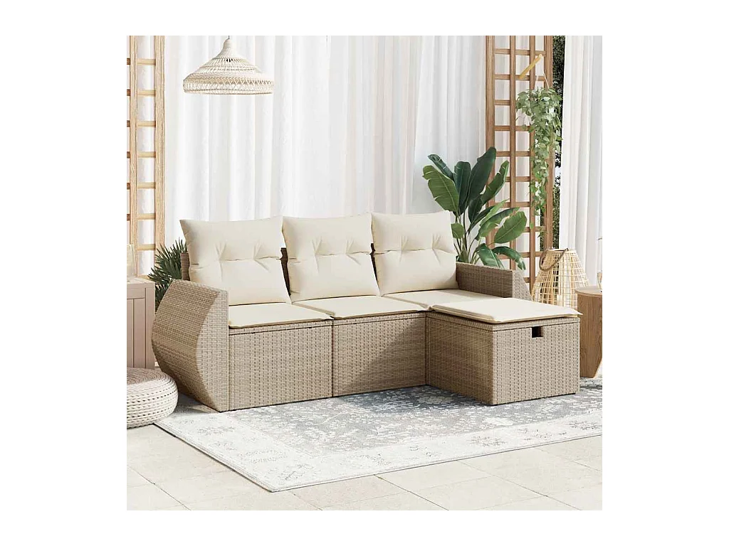 Salon de jardin avec coussins 4 pcs beige résine tressée